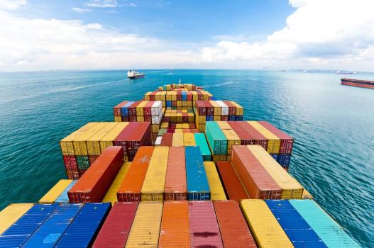 Freight ship with multicolored freight containers